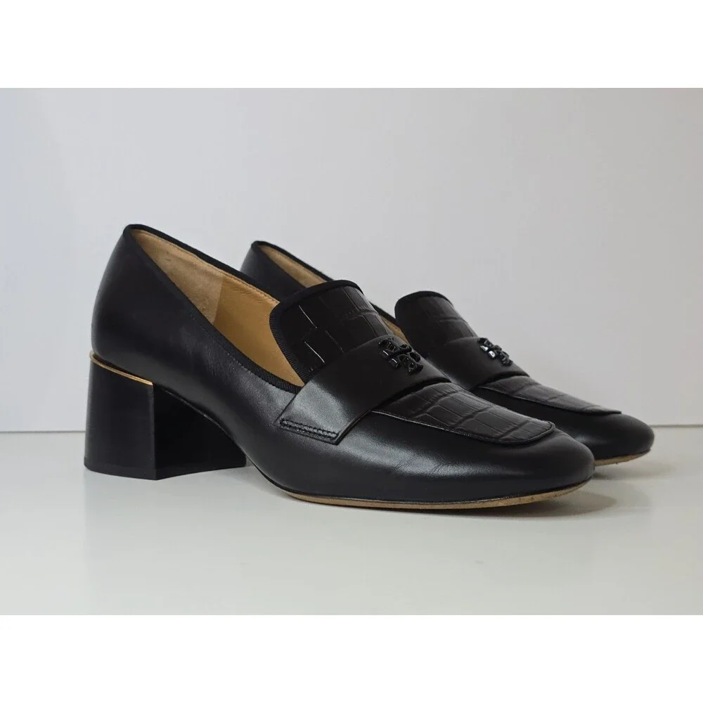Tory Burch Everly Block Heel Loafers Womens 10 Black Leather Croc Embossed Logo